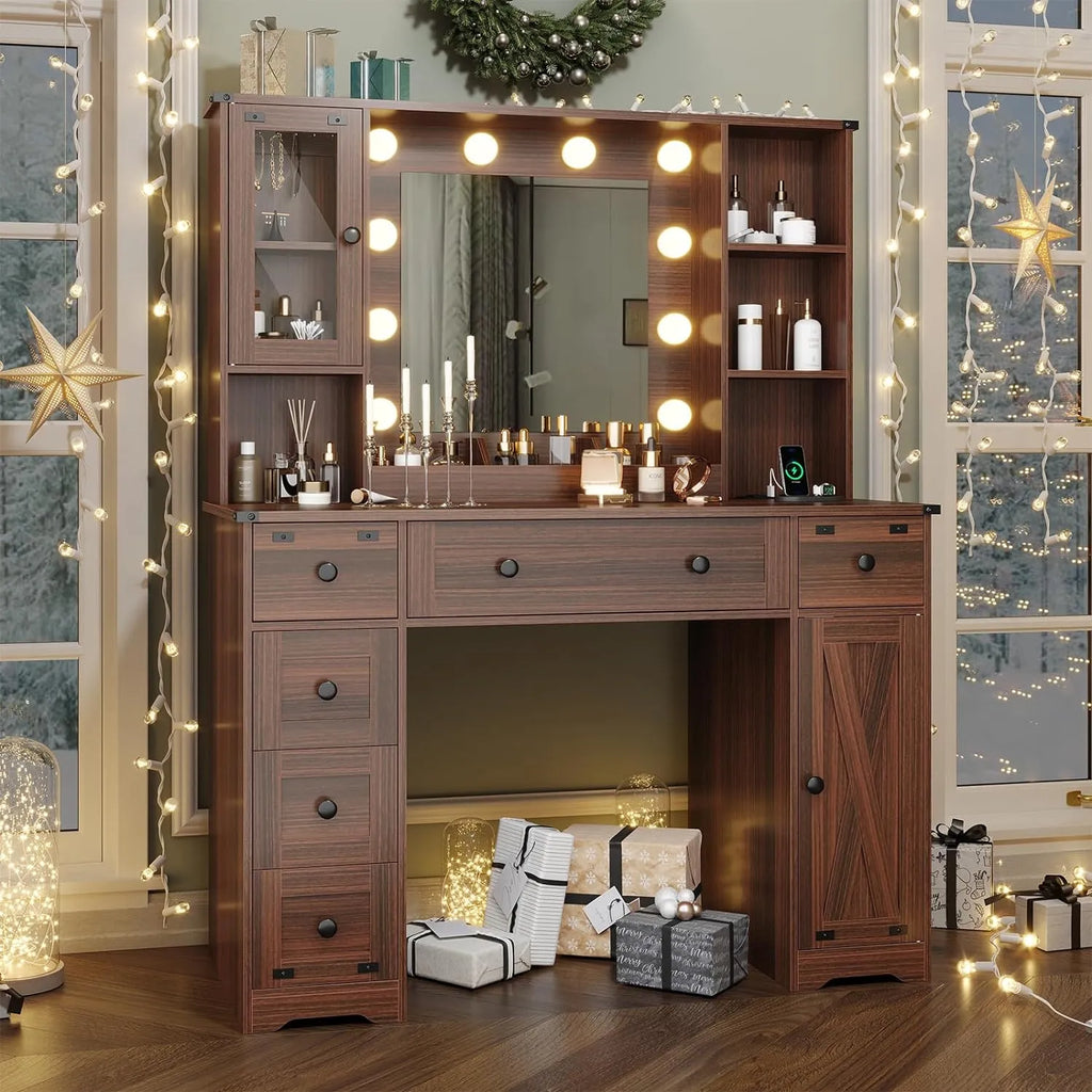 DICTAC Farmhouse Makeup Vanity Desk with Mirror and Lights, Large Vanity Table with Charging Station, 43'' Bedroom Dressing Table with 6 Drawers & 2 Cabinets, 3 Color Lighting Modes, Brown