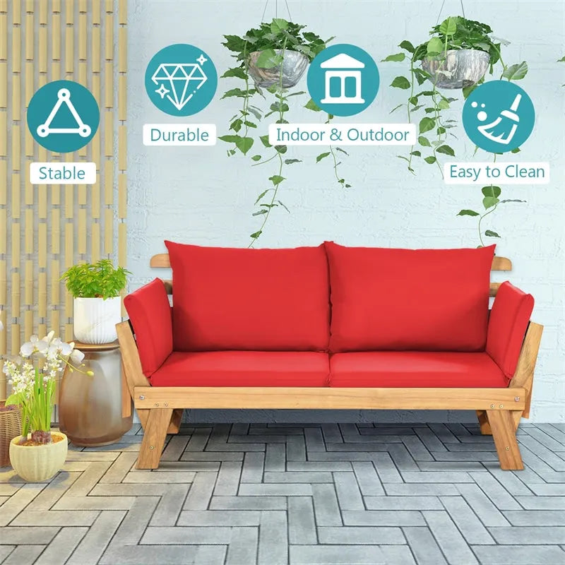 Outdoor Daybed Acacia Wood Convertible Couch Sofa Bed with Adjustable Armrest & Cushion