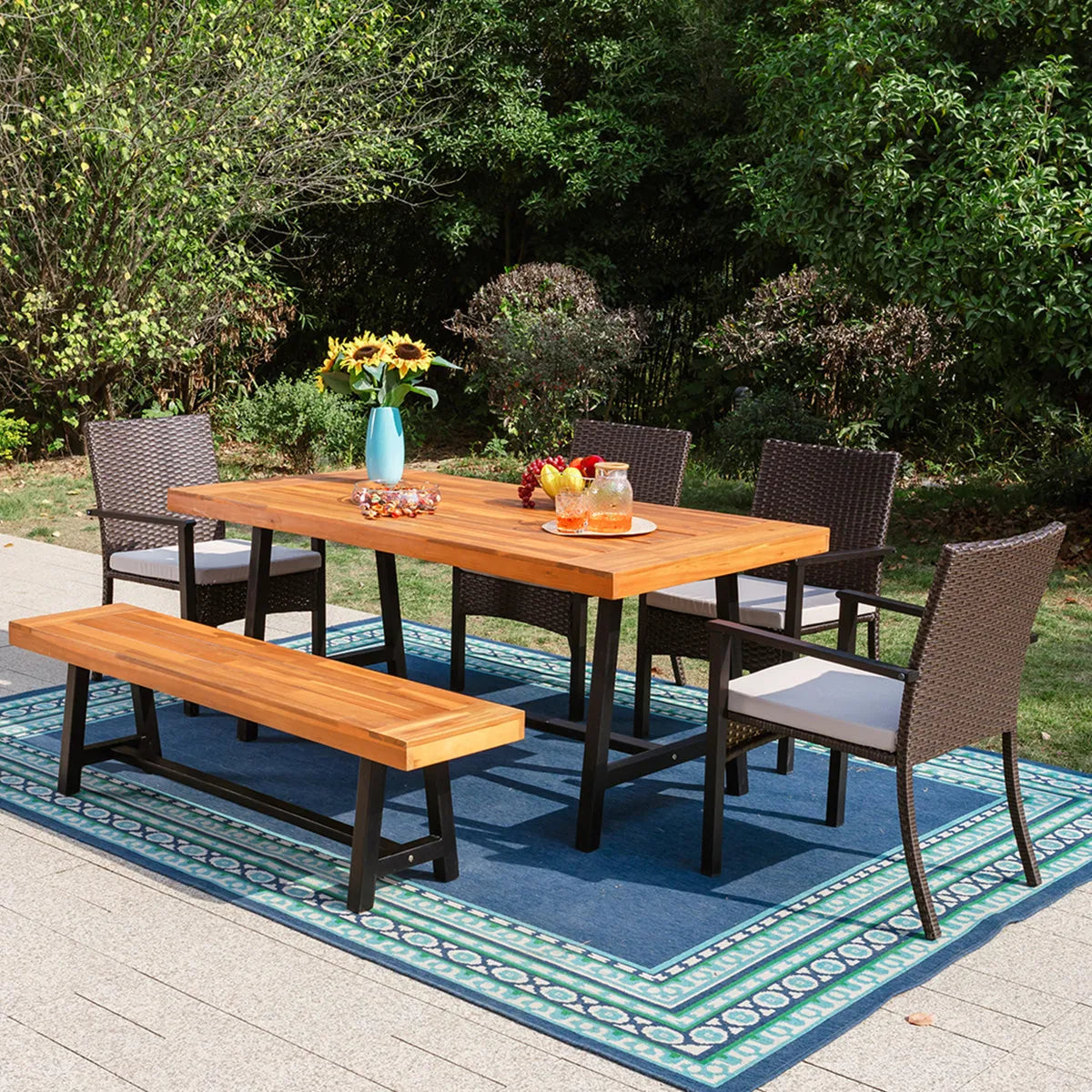 6 Piece Outdoor Dining Set with Acacia Wood Table & Wooden Bench and 4 Cushioned Rattan Wicker Chairs