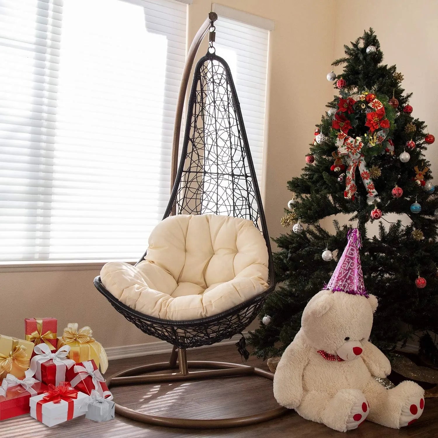 J.M.Deco Porch Swing Chair with Stand, Cushion & Pillow, Goldden Egg Rattan Wicker Swing Hanging Chair, Hammock Chair for Indoor, Outdoor, Garden, Backyard & Patio