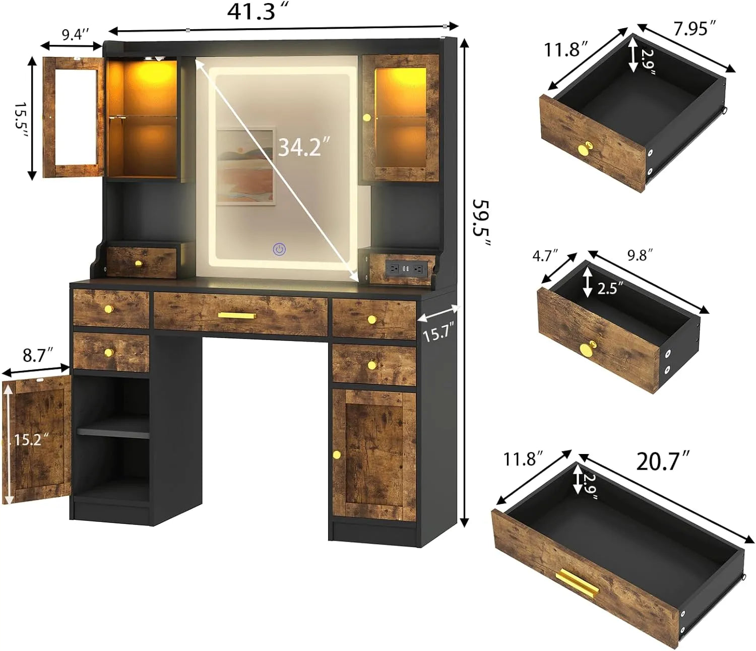 Dnxao Large Make up Vanity Desk with Mirror and Lights,3 Lights Mode and Brightness Adjusted by Touch Button, Built-in Power Strip and 6 Drawers,4 cabinets,2 cabinets with RGB Lights