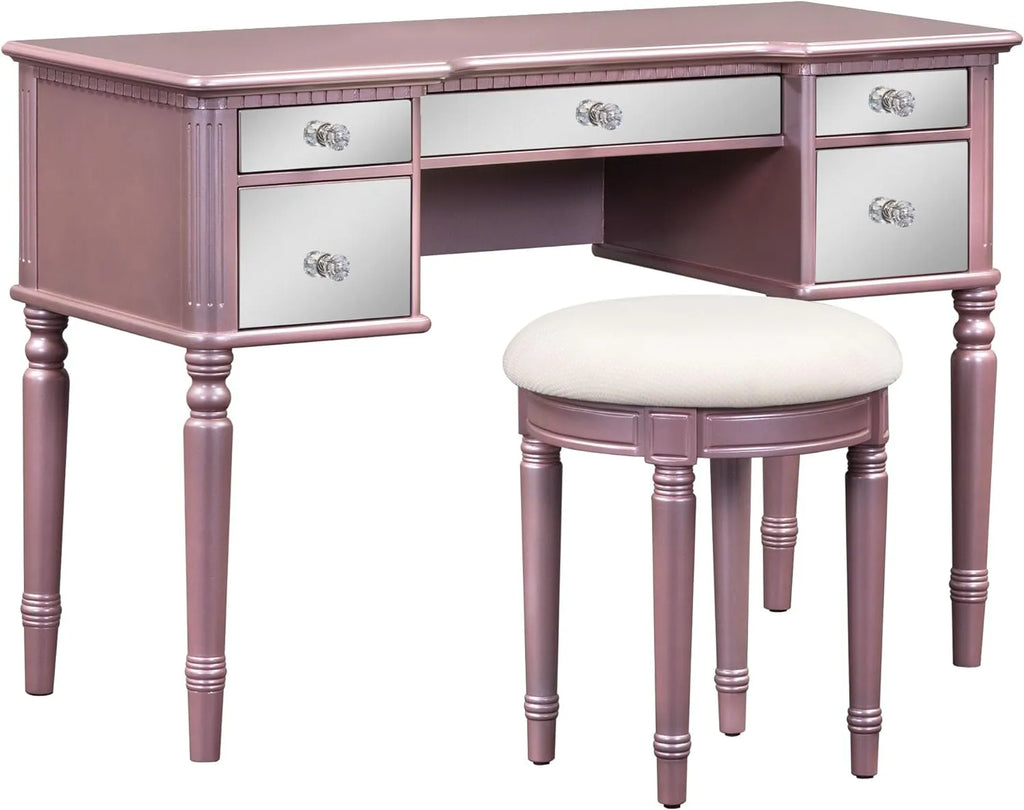 Brafab 43" Luxury Vanity Desk Dressing Table Set with Mirrored Drawers and Stool, Tri-fold Mirror, Makeup Vanity Set for Bedroom, Rose Gold