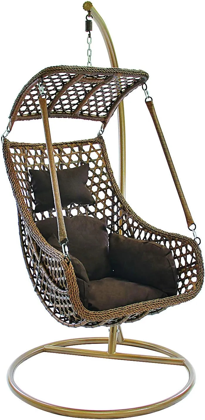 J.M.Deco Porch Swing Chair with Stand, Cushion & Pillow, Goldden Egg Rattan Wicker Swing Hanging Chair, Hammock Chair for Indoor, Outdoor, Garden, Backyard & Patio