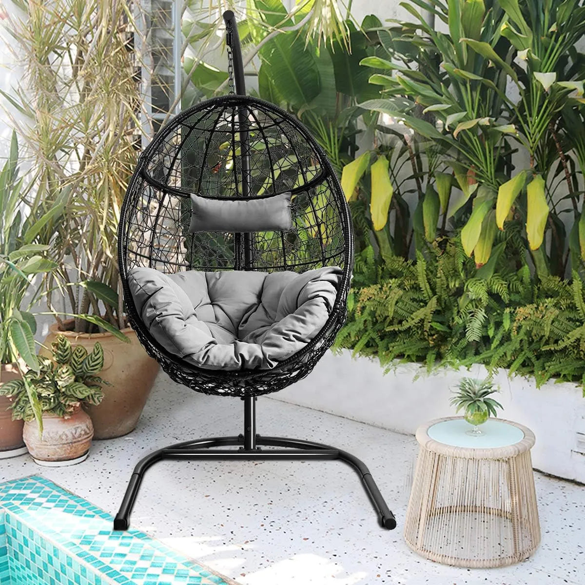 Giantex Hanging Egg Chair, 36.5-Width Oversized Swing Chair with C-Hammock Stand Set, Hammock Chair with Soft Seat Cushion & Pillow, Multifunctional Hanging Chairs for Outdoor Indoor Bedroom (Gray)