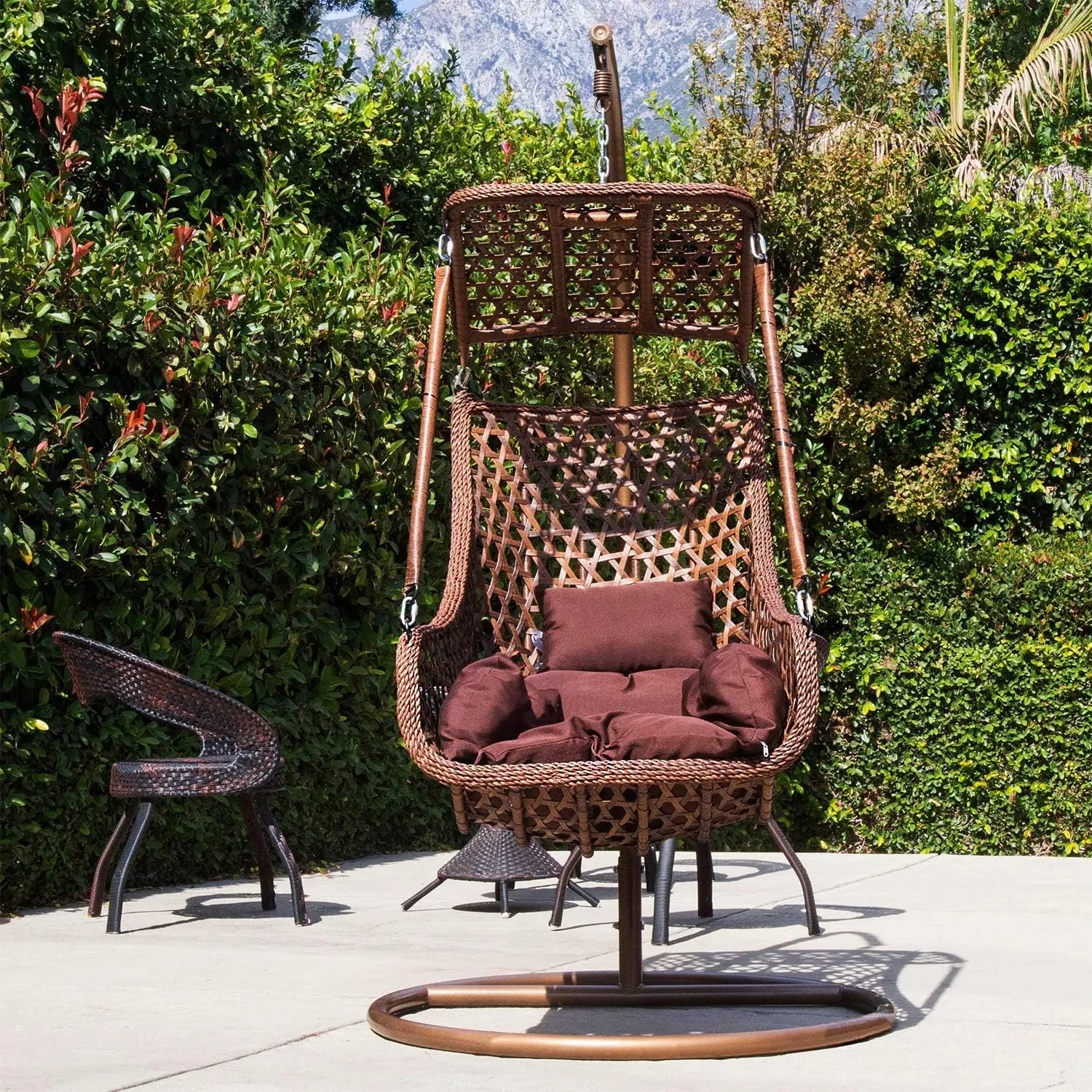 J.M.Deco Porch Swing Chair with Stand, Cushion & Pillow, Goldden Egg Rattan Wicker Swing Hanging Chair, Hammock Chair for Indoor, Outdoor, Garden, Backyard & Patio