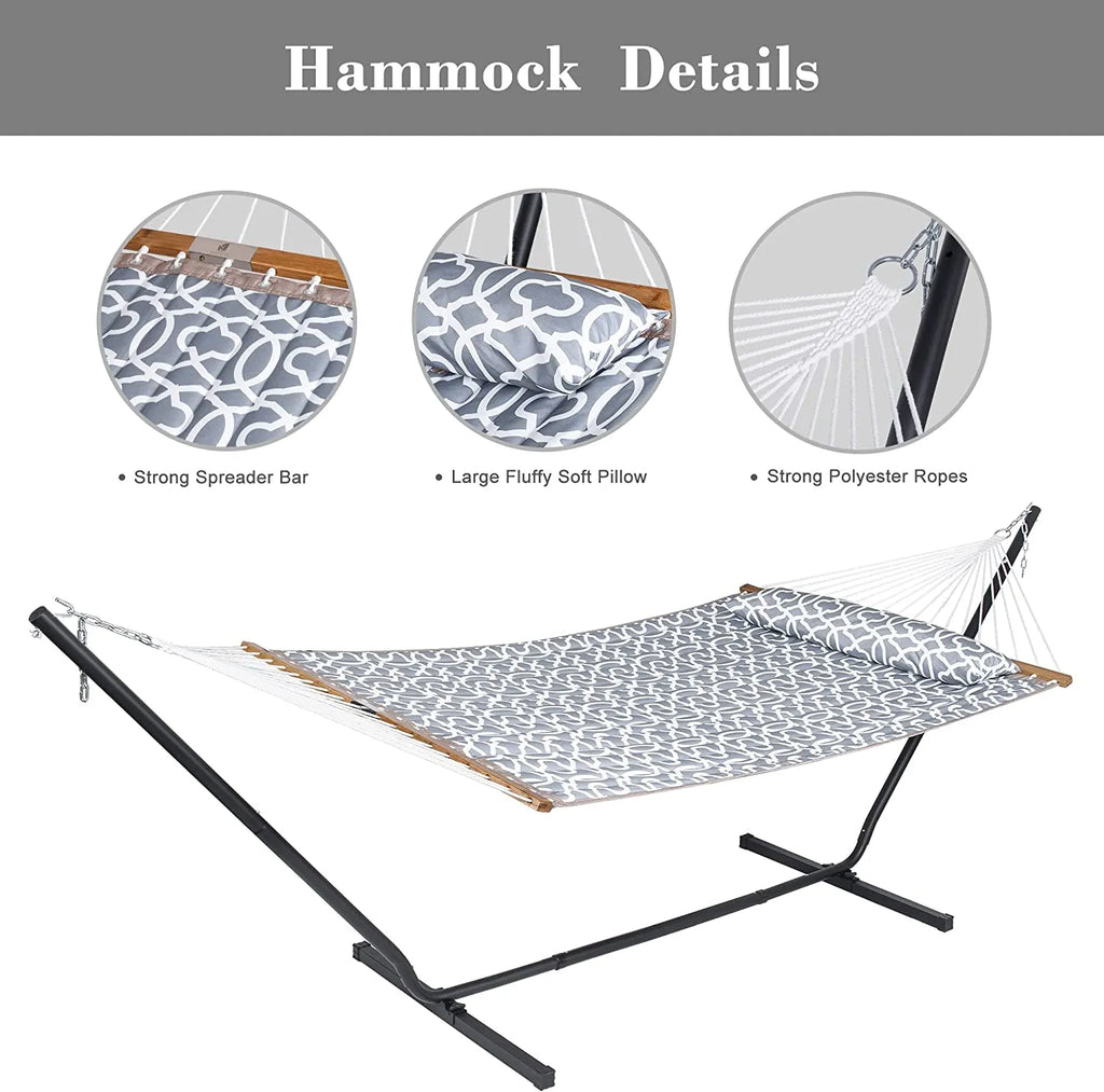 55 Inch Extra Large Double Hammock with Stand, 475lbs Capacity, Outdoor Portable Hammock with Hardwood Spreader Bar, Extra Large Pillow