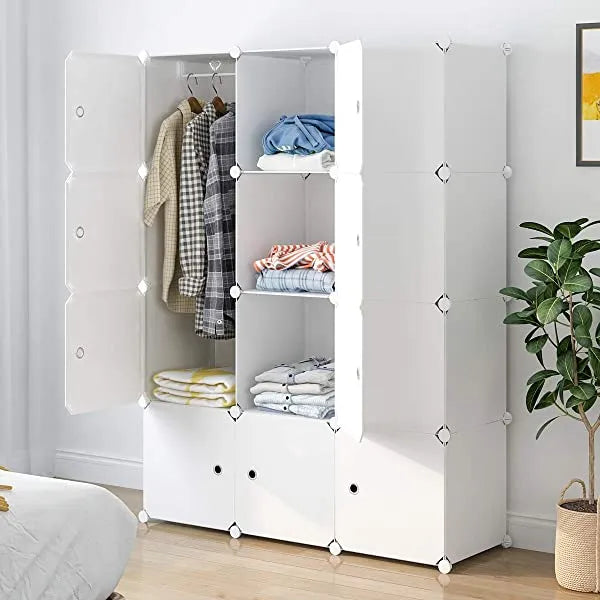 Aeitc Portable Wardrobe Closets 14"x18" Depth Cube Storage, Bedroom Armoire, Storage Organizer with Doors, 12 Cubes, White