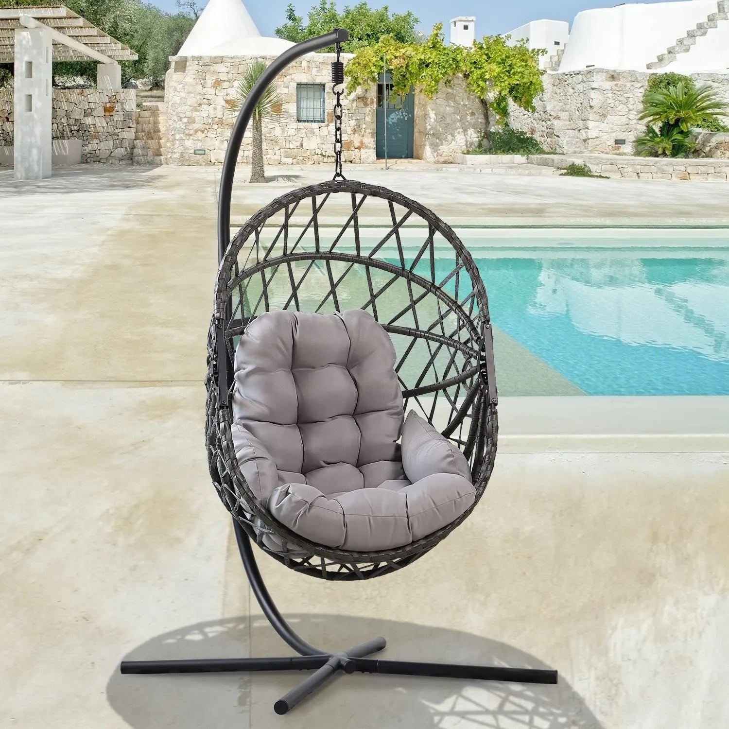 PRIVATE GARDEN Large Hanging Egg Chair with Stand Upgraded Wicker Egg Swing Chair Outdoor Indoor PE Rattan Hanging Chair with Grey Comfort Cushion Heavy Duty C-Stand