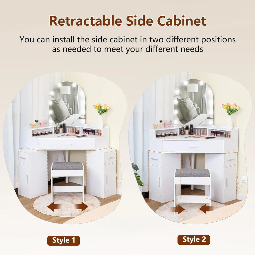 usikey Corner Vanity Desk with Mirror and Lights, Makeup Vanity Table with Charging Station, 3 Drawers & Retractable Side Cabinets, Vanity Desk with Cushioned Stool for Christmas Day, White