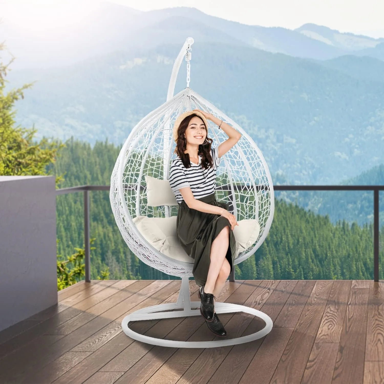 J.M.Deco Porch Swing Chair with Stand, Cushion & Pillow, Goldden Egg Rattan Wicker Swing Hanging Chair, Hammock Chair for Indoor, Outdoor, Garden, Backyard & Patio