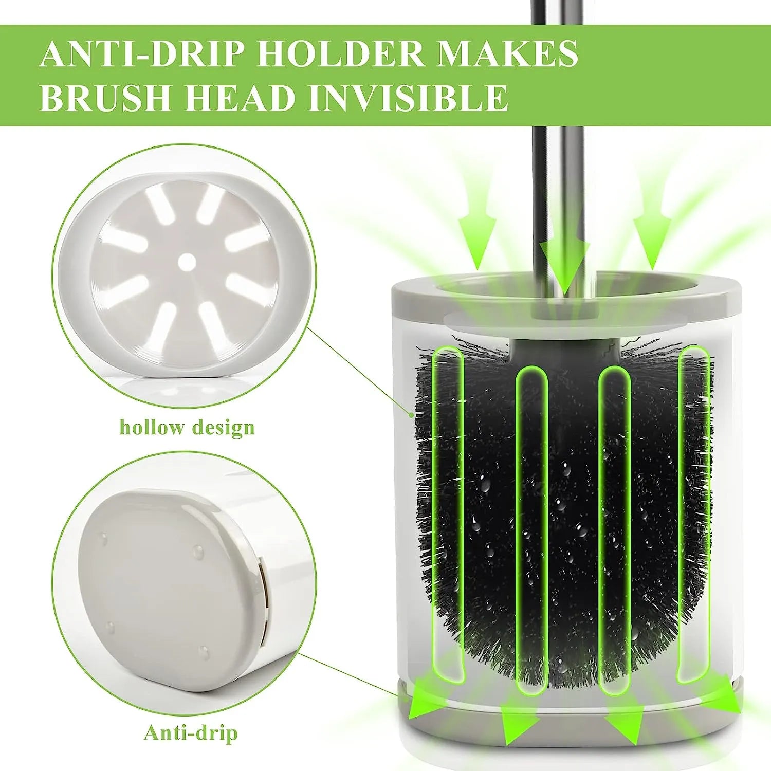 Toilet Brush and Holder, Compact Size Toilet Bowl Brush with Stainless Steel Handle, Small Size Plastic Holder Easy to Hide, Space Saving for Storage, Drip-Proof, Easy to Assemble, Deep Cleaning