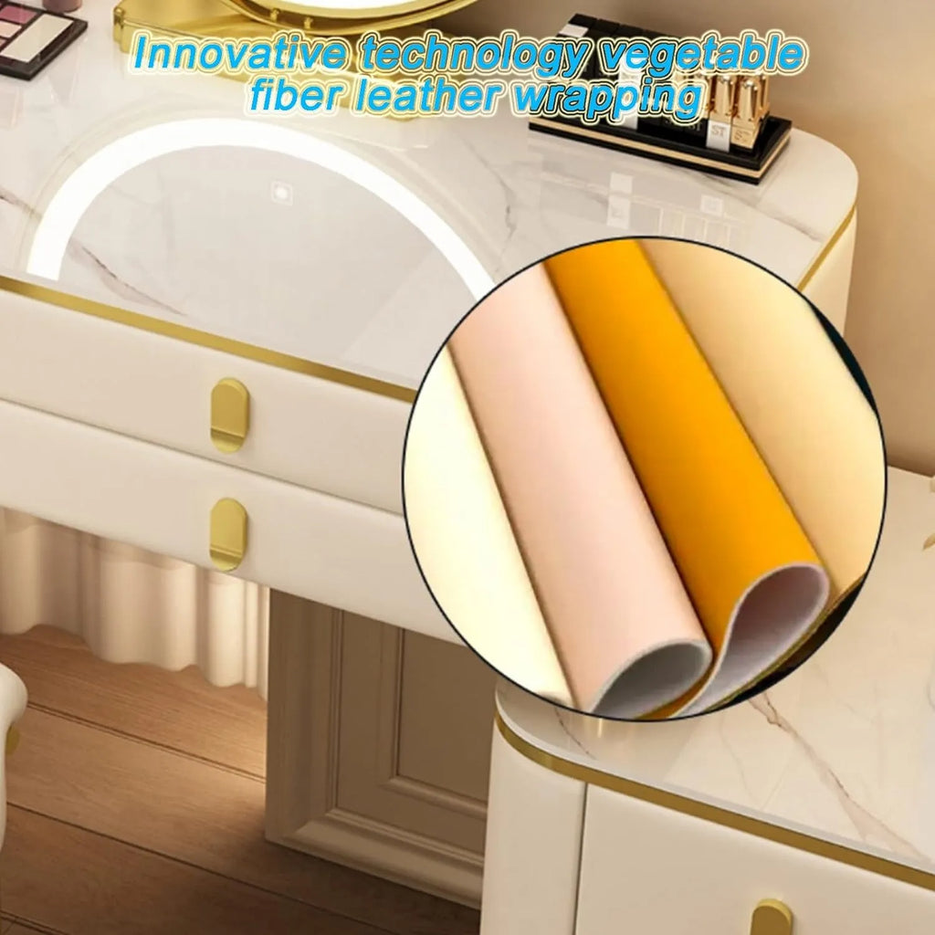 BUJOG Dressing Table with Lighted Mirror, Dressing Table with Padded Stool and 6 Drawers, Dressing Table Set with 3 Colour Lighting Modes, Storage Shelves for Girls and Women Bedrooms