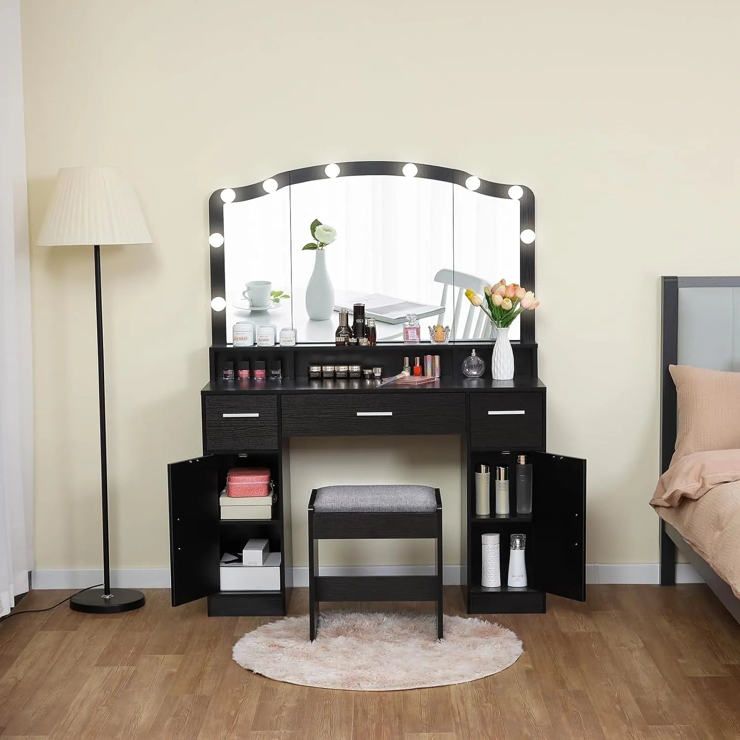 usikey Large Vanity Set with Large Lighted Mirror, Modern Makeup Vanity Table with 3 Drawers, 2 Storage Cabinets & 10 LED Bulbs, Dressing Table with Cushioned Stool for Women, Bedroom, Black