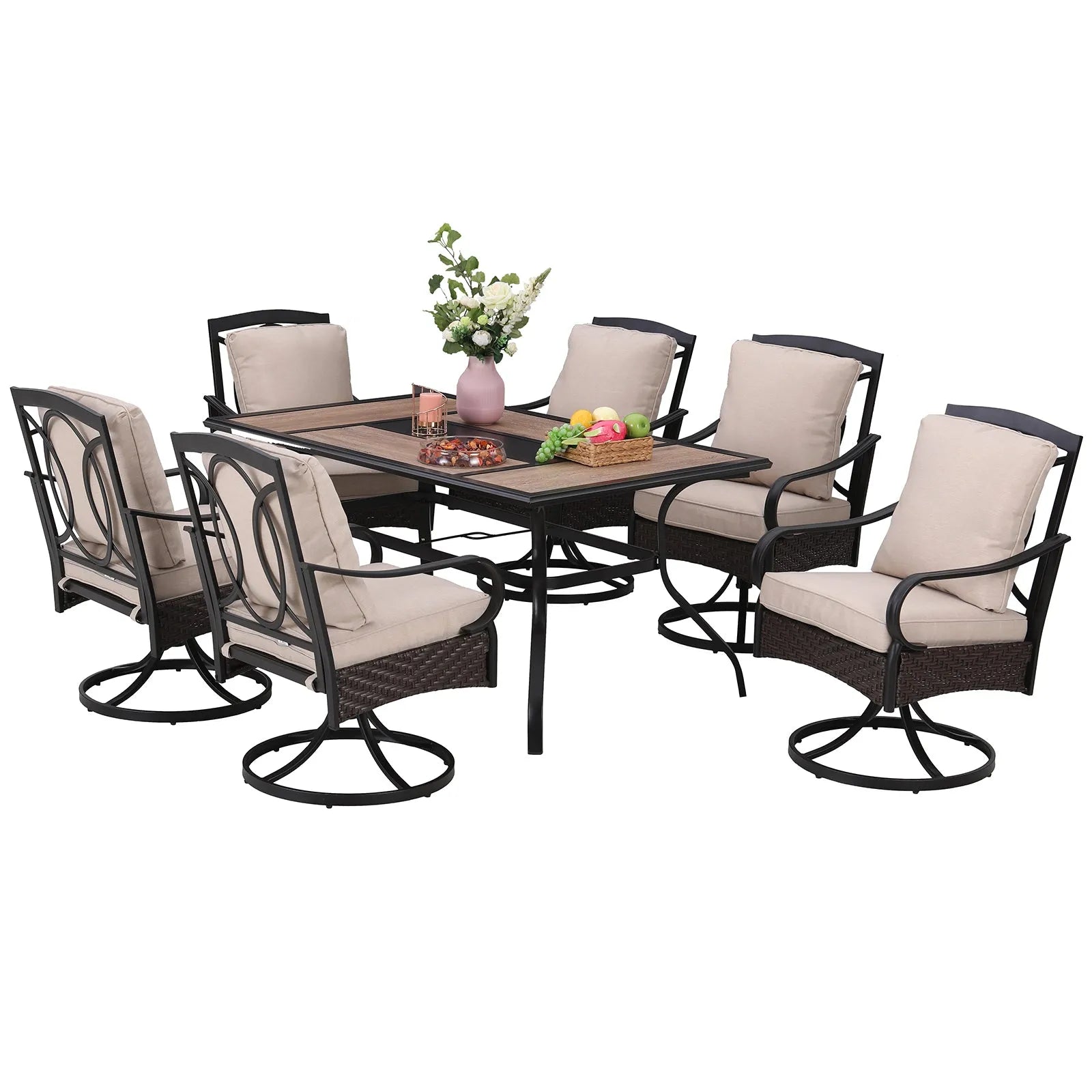 7-Piece Patio Dining Set With 6 Cushioned Steel & Rattan Chairs and Rectangle Table