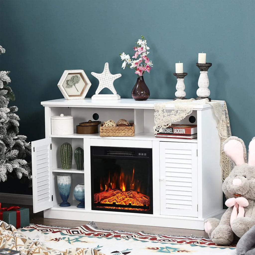 47" 1400W Electric Fireplace TV Stand Heater with Built-In Bookshelves and Cupboards - White