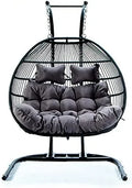 Hanging Egg Chair with Stand, 2 Person Heavy Duty Hanging Wicker Rattan Swing Chair Basket Hammock Nest Chair Seat for Indoor Outdoor Patio Lounger Swinging Loveseat (Beige)