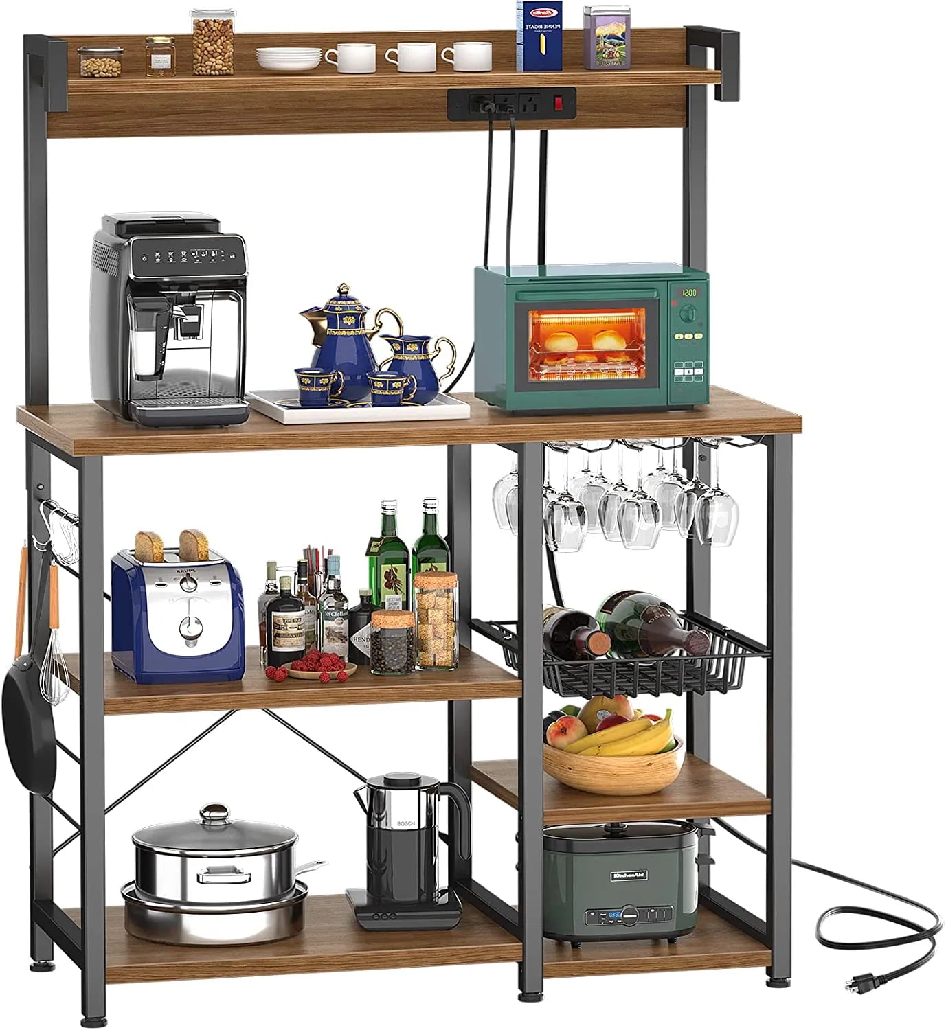 Bakers Rack with Power Outlet, Microwave Stand, Kitchen Storage Shelf with Wire Basket, Coffee Bar Station with Wine Glass Holder, 35.4" Kitchen Rack for Spices, Pots, and Pans