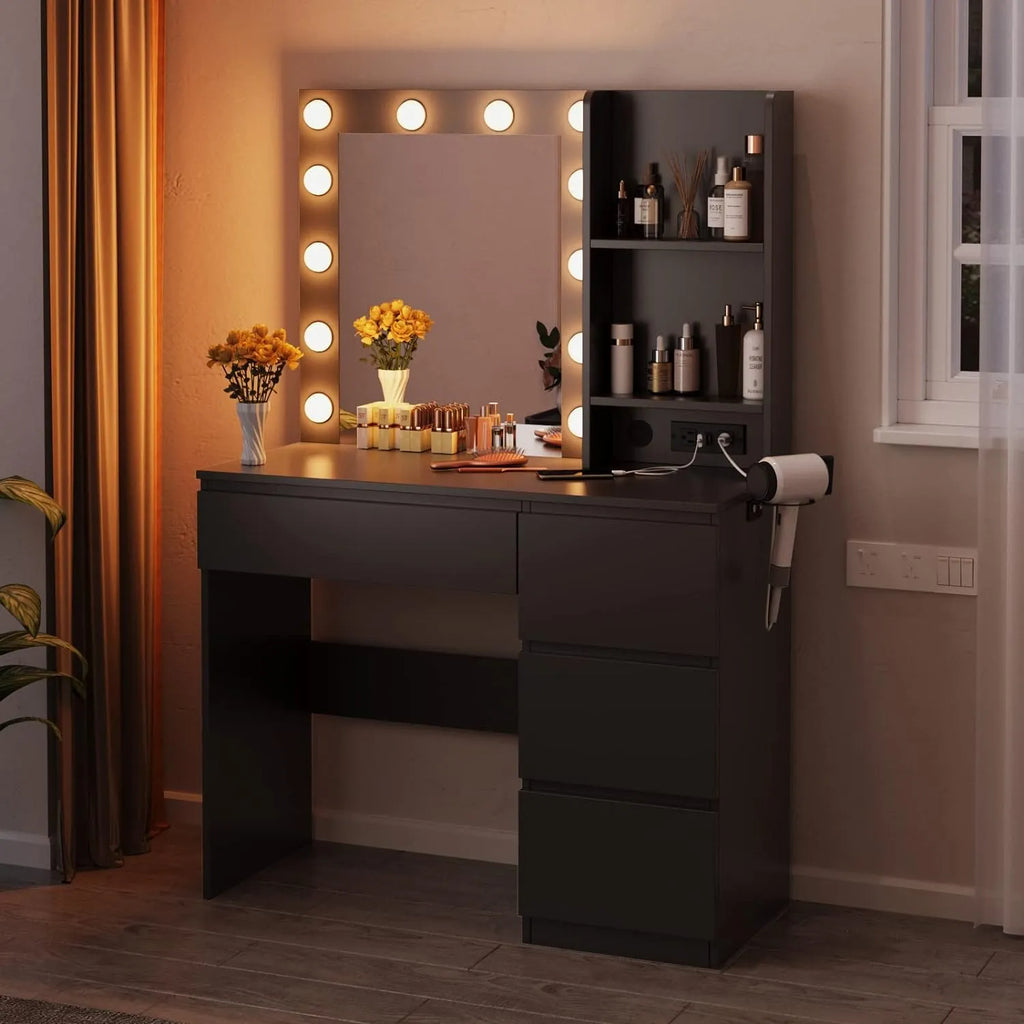 Vabches Makeup Vanity with Lights, 37inch Vanity Desk with Power Strip, 4 Drawers Makeup Table with Lighted Mirror, 3 Lighting Colors, White