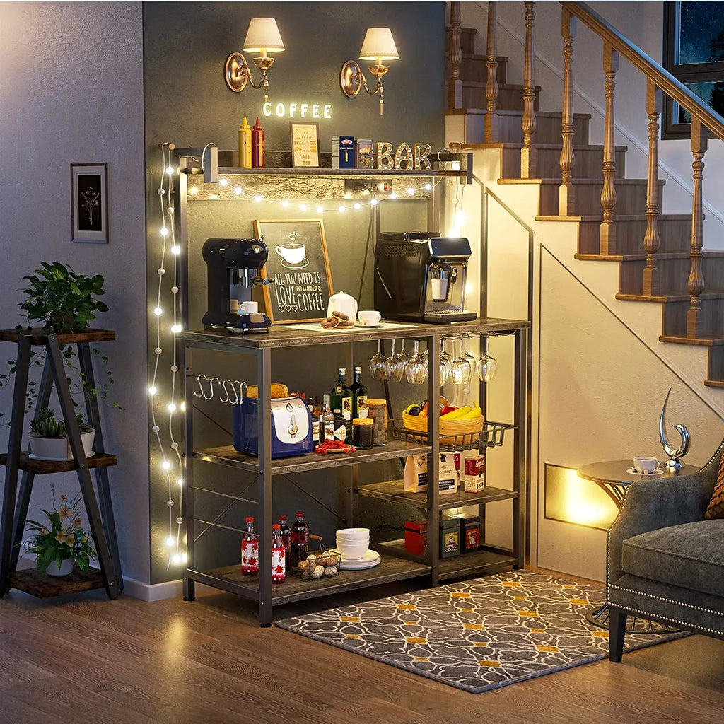 Bakers Rack with Power Outlet, Microwave Stand, Kitchen Storage Shelf with Wire Basket, Coffee Bar Station with Wine Glass Holder, 35.4" Kitchen Rack for Spices, Pots, and Pans