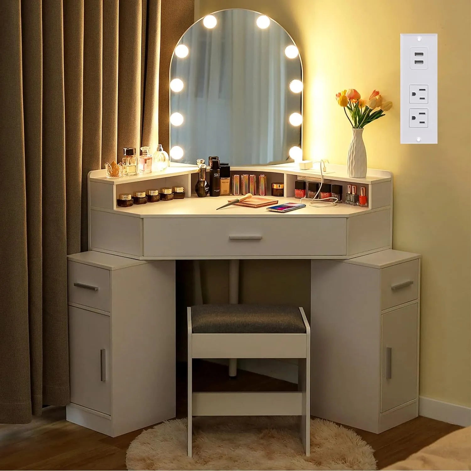 usikey Corner Vanity Desk with Mirror and Lights, Makeup Vanity Table with Charging Station, 3 Drawers & Retractable Side Cabinets, Vanity Desk with Cushioned Stool for Christmas Day, White