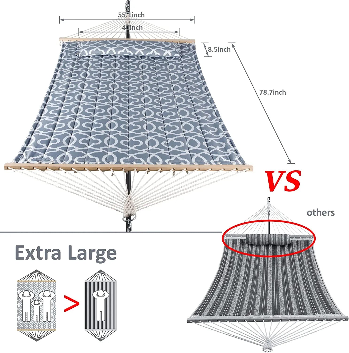 55 Inch Extra Large Double Hammock with Stand, 475lbs Capacity, Outdoor Portable Hammock with Hardwood Spreader Bar, Extra Large Pillow