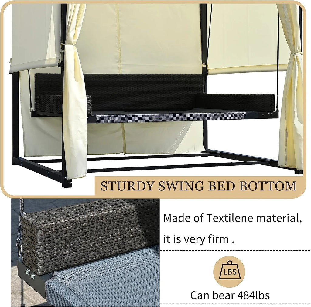 Merax 3-Seat Patio Swing Bed,Outdoor Porch Chair with Adjustable Canopy and Durable Steel Frame for Patio, Garden, Poolside Dark Grey