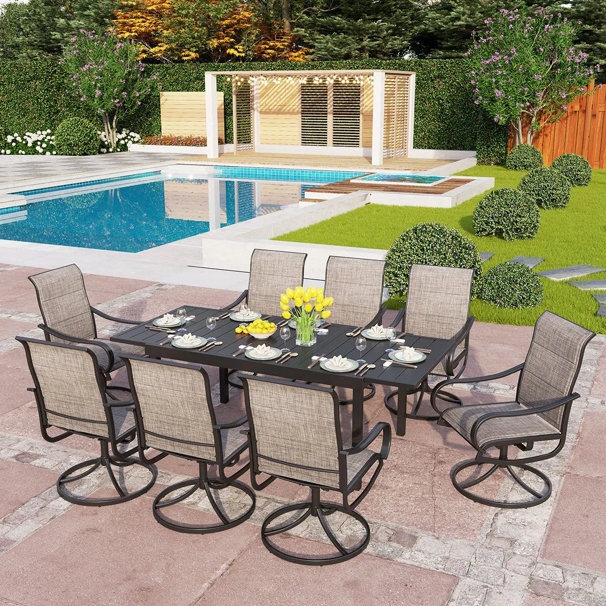 7-Piece/9-Piece Outdoor Patio Dining Set with Adjustable Table & Padded Textilene Swivel Chairs