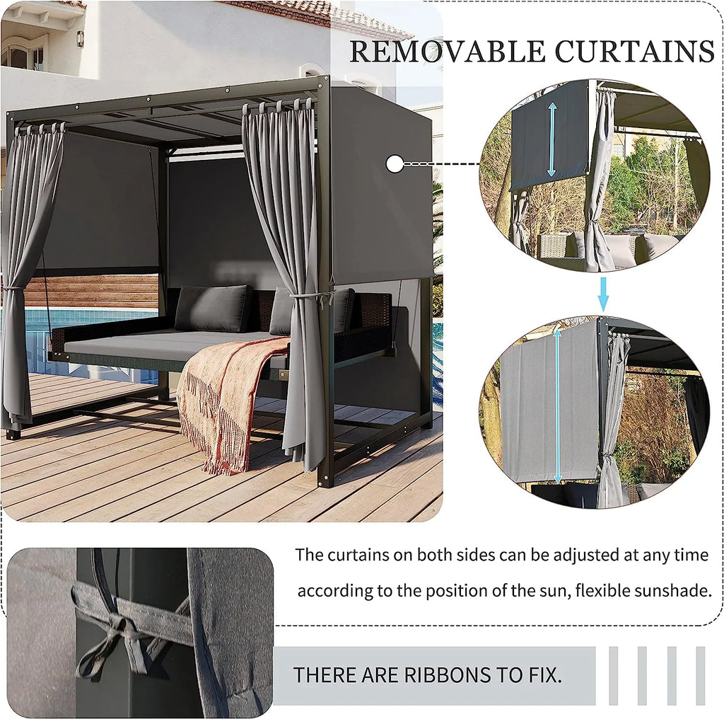 Merax 3-Seat Patio Swing Bed,Outdoor Porch Chair with Adjustable Canopy and Durable Steel Frame for Patio, Garden, Poolside Dark Grey