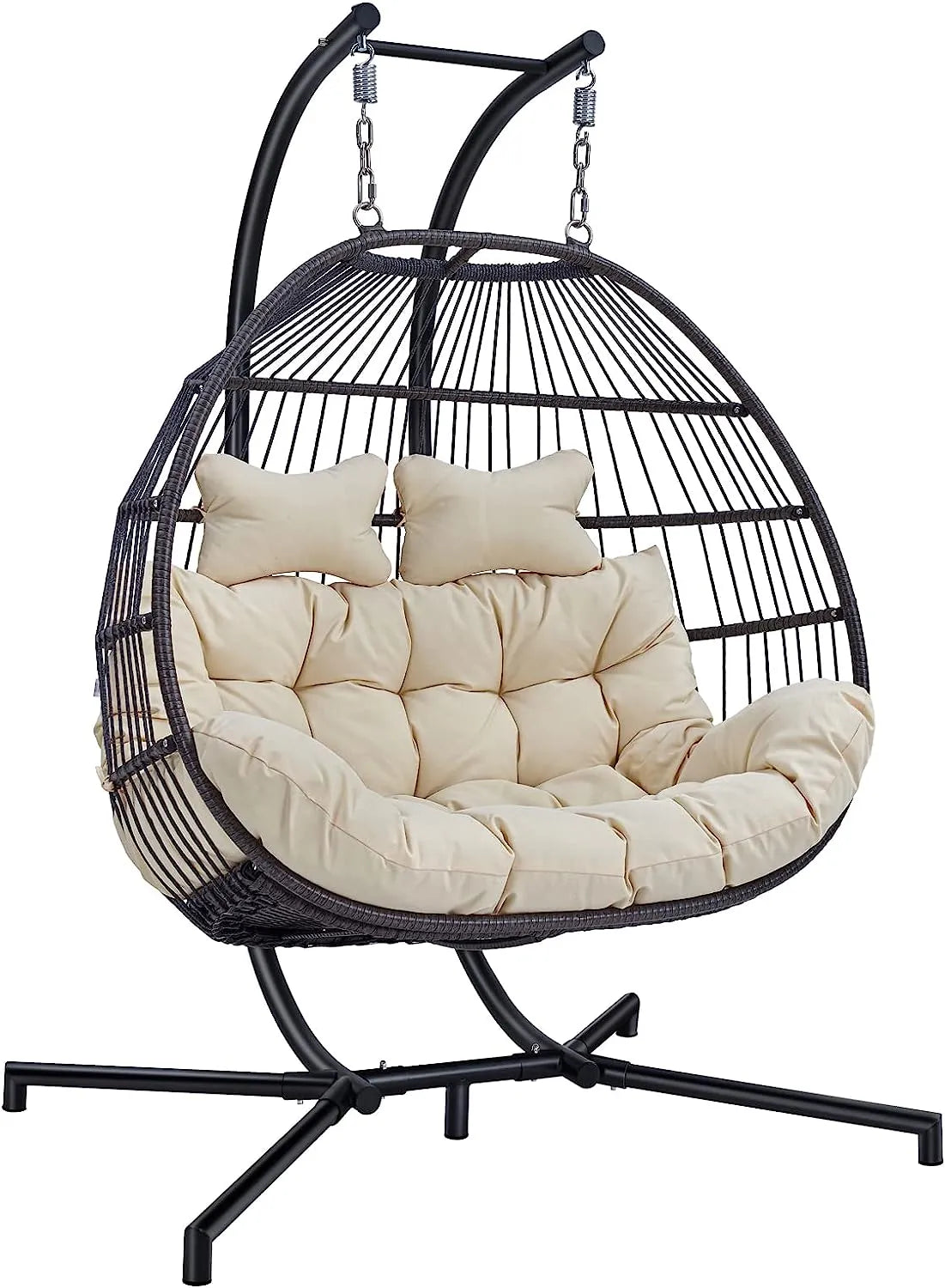 Hanging Egg Chair with Stand, 2 Person Heavy Duty Hanging Wicker Rattan Swing Chair Basket Hammock Nest Chair Seat for Indoor Outdoor Patio Lounger Swinging Loveseat (Beige)