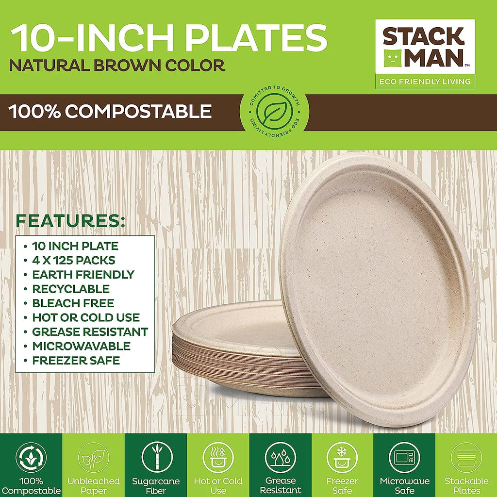 100% Compostable Paper Plates 9 Inch [500 Count] Heavy-Duty Dinner Plates - Natural Brown Color Unbleached Bagasse - Eco-Friendly Disposable Biodegradable Sugarcane Plates - [Bulk Case 4/125 Pack]