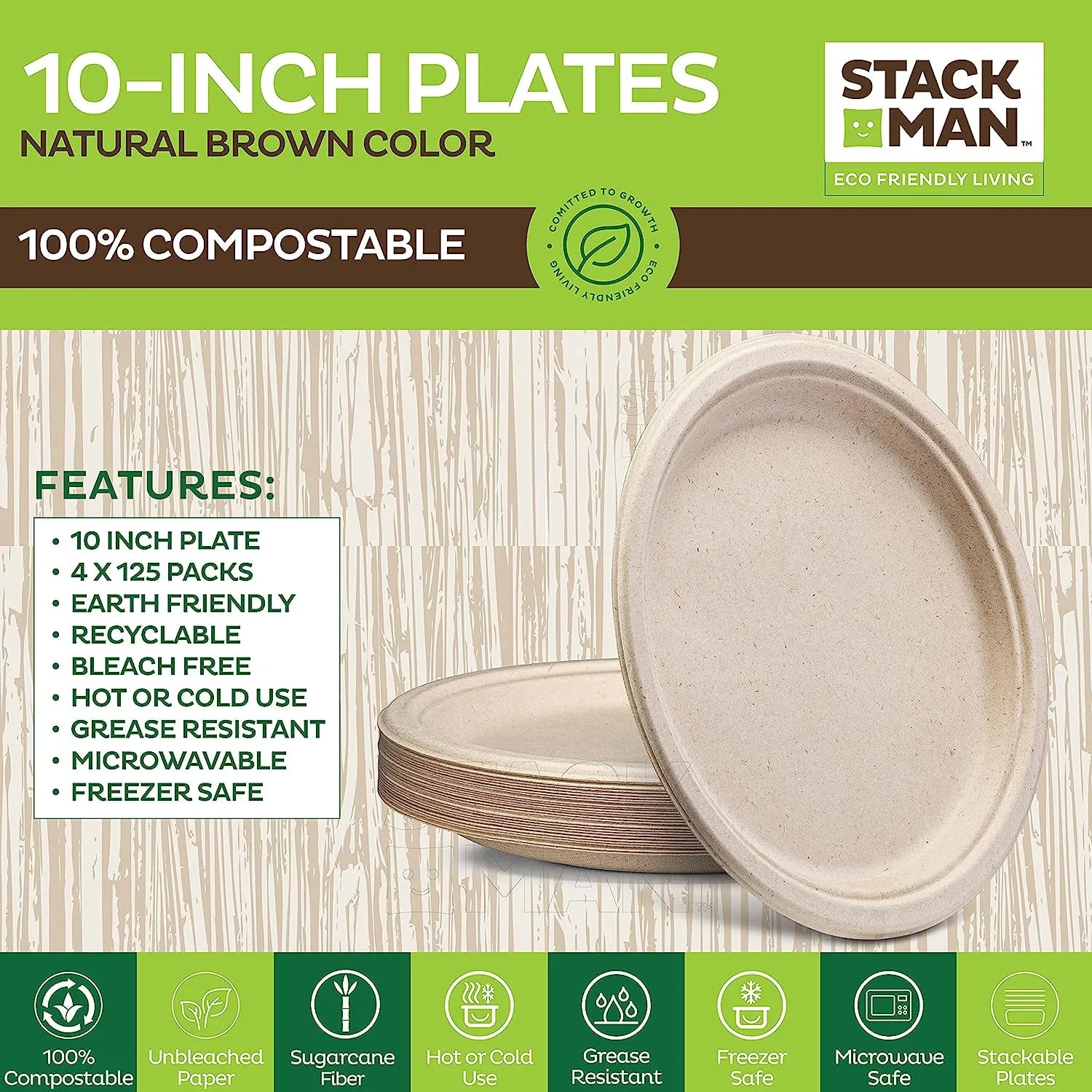 100% Compostable Paper Plates 9 Inch [500 Count] Heavy-Duty Dinner Plates - Natural Brown Color Unbleached Bagasse - Eco-Friendly Disposable Biodegradable Sugarcane Plates - [Bulk Case 4/125 Pack]