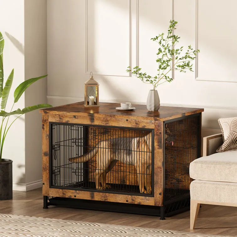Industrial Style Rustic Brown Wooden Dog Kennel With Three Doors, Indoor Pet Furniture Dog Crate End Table