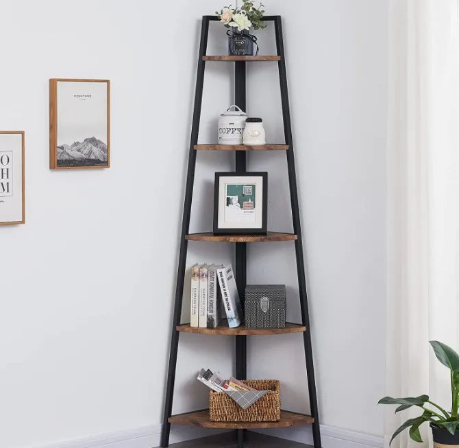 OIAHOMY Corner Shelf 70 Inch Tall Bookcase 5- Tier Industrial Corner Bookshelf Corner Ladder Shelf Small Bookshelf Rustic Plant Stand Rack Freestanding -Rustic Brown