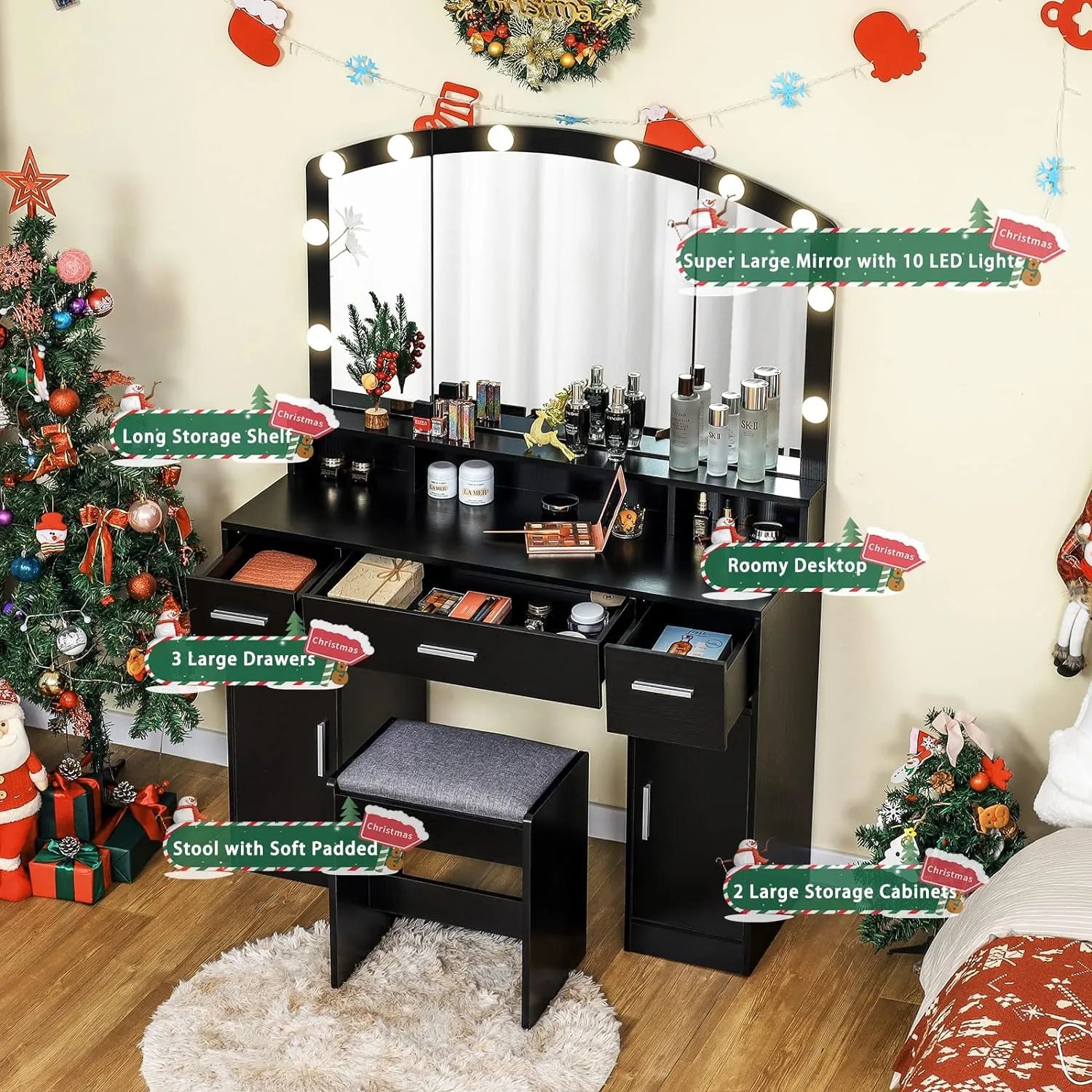 usikey Large Vanity Set with Large Lighted Mirror, Modern Makeup Vanity Table with 3 Drawers, 2 Storage Cabinets & 10 LED Bulbs, Dressing Table with Cushioned Stool for Women, Bedroom, Black