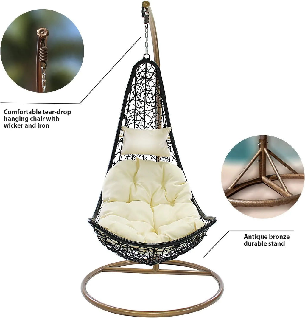 J.M.Deco Porch Swing Chair with Stand, Cushion & Pillow, Goldden Egg Rattan Wicker Swing Hanging Chair, Hammock Chair for Indoor, Outdoor, Garden, Backyard & Patio