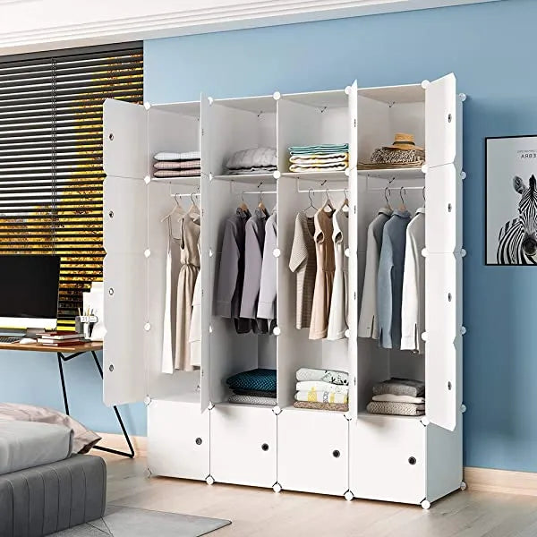 Aeitc Portable Wardrobe Closets 14"x18" Depth Cube Storage, Bedroom Armoire, Storage Organizer with Doors, 12 Cubes, White