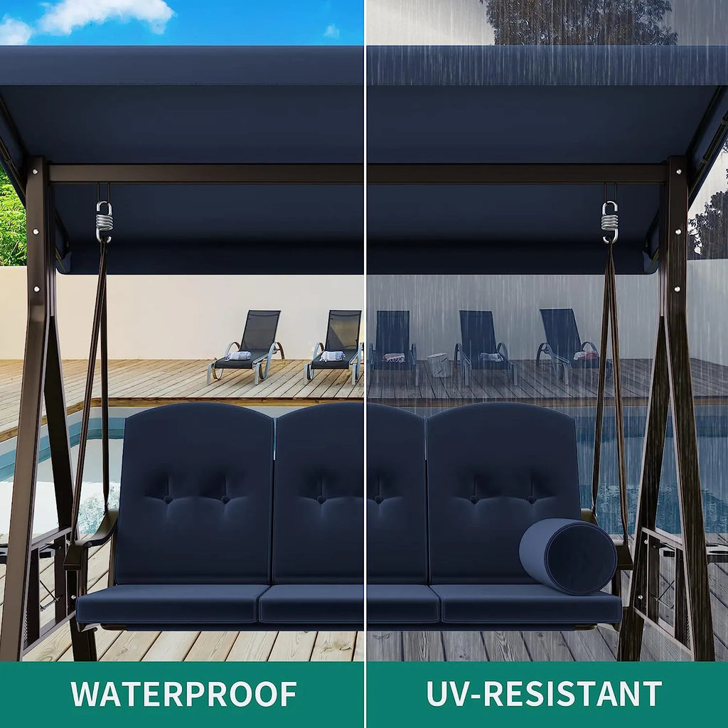 YITAHOME 3-Seat Deluxe Porch Swing Outdoor Heavy Duty Patio Swing Chair with Adjustable Canopy Removable Cushions Weather Resistant Steel Frame Suitable for Garden, Lawn, Backyard, Balcony, Brown