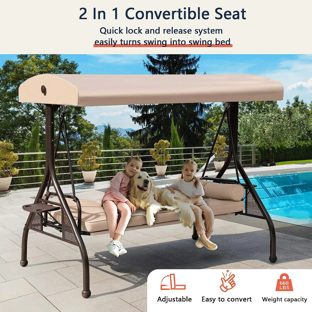 NOBLEMOOD Patio Porch Swing, 3-Seat Outdoor Swing with Adjustable Canopy, Thickened Cushion, Pillow and Foldable Side Tray for Patio, Backyard, Porch Swing Bed for Spring(Khaki)