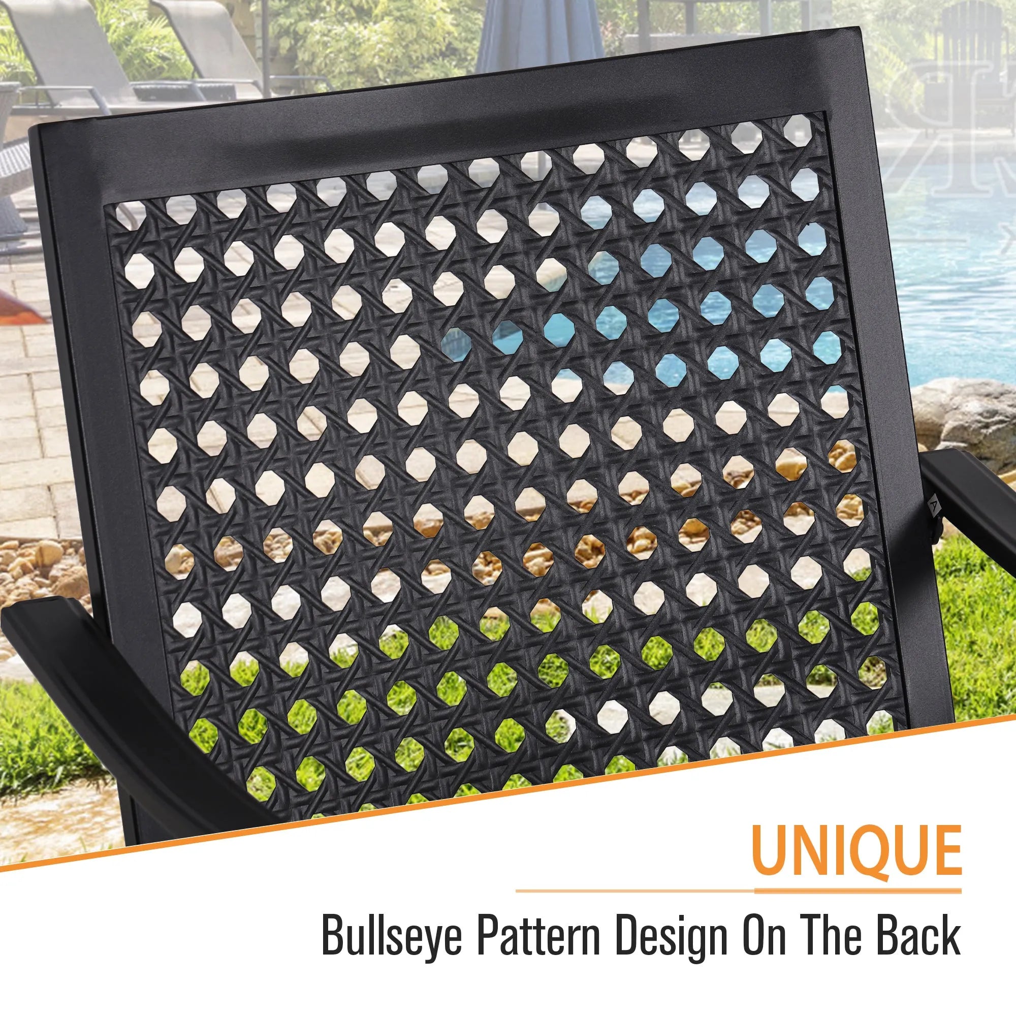 Outdoor Fixed Steel Dining Chairs with Bullseye Flower Pattern - Set of 2