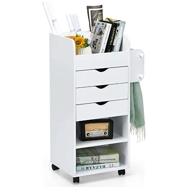 Tangkula Rolling Storage Drawer Cart, Wooden Utility Cart w/ 3 Drawers, 3 Shelves, 3 Slots and 2 Dowels, Organizer Cabinet w/ Lockable Casters, Mobile Cart for Study, Living Room, Office, White