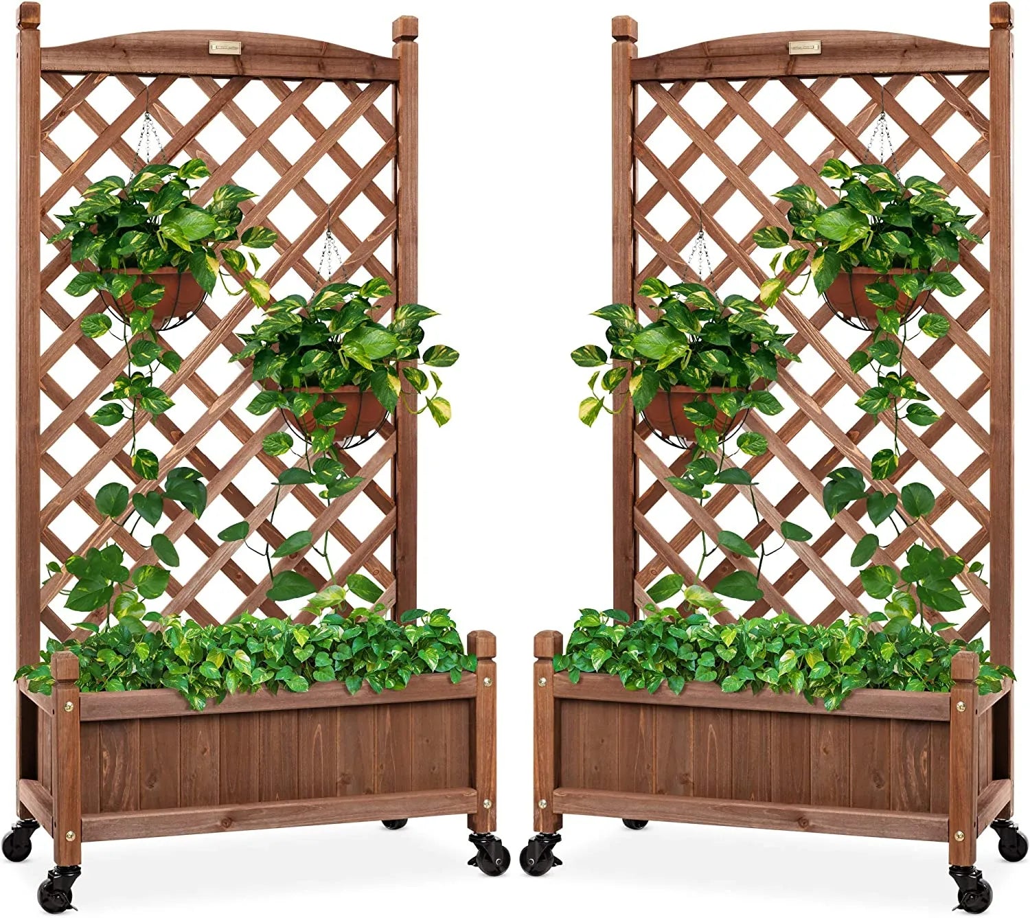 Set of 2 48in Wood Planter Box & Diamond Lattice Trellis, Mobile Outdoor Raised Garden Bed for Climbing Plants w/Drainage Holes, Optional Wheels - Walnut