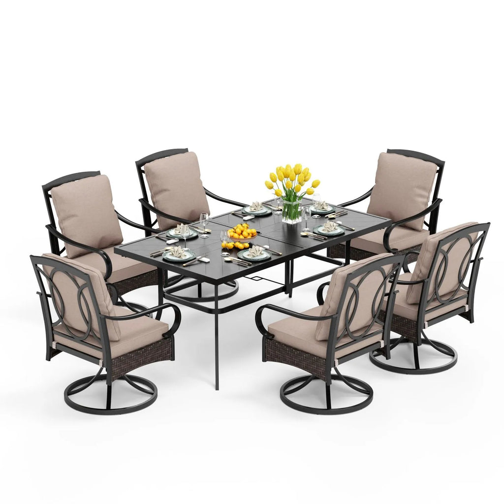 7-Piece Patio Dining Set With 6 Cushioned Steel & Rattan Chairs and Rectangle Table