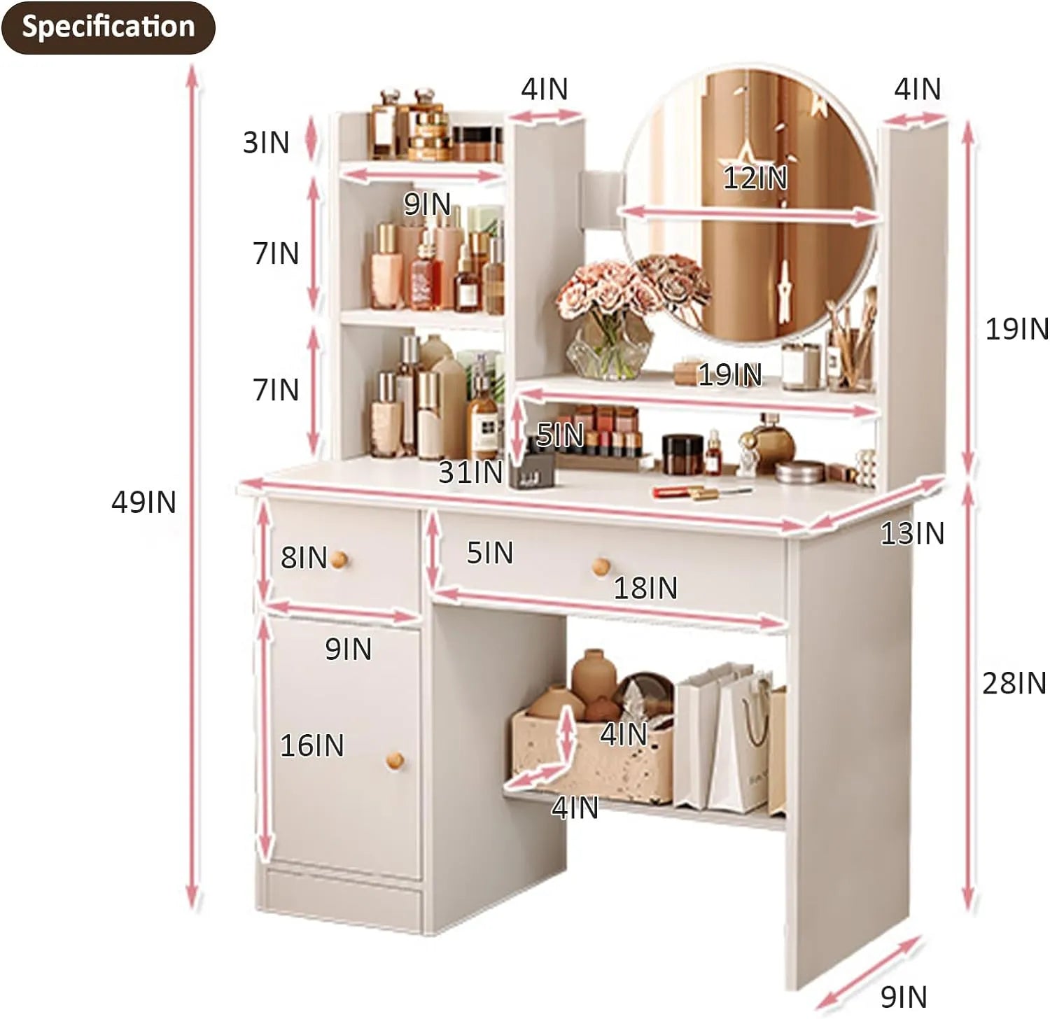 Makeup Vanity - Vanity Table with Three Adjustable Mirror Lightings, Added Storage Shelf, Multiple Chairs, Makeup Table for Bedroom