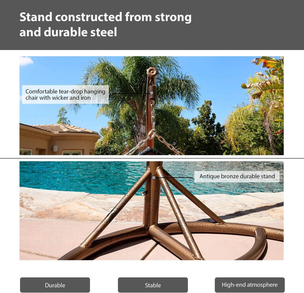 J.M.Deco Porch Swing Chair with Stand, Cushion & Pillow, Goldden Egg Rattan Wicker Swing Hanging Chair, Hammock Chair for Indoor, Outdoor, Garden, Backyard & Patio