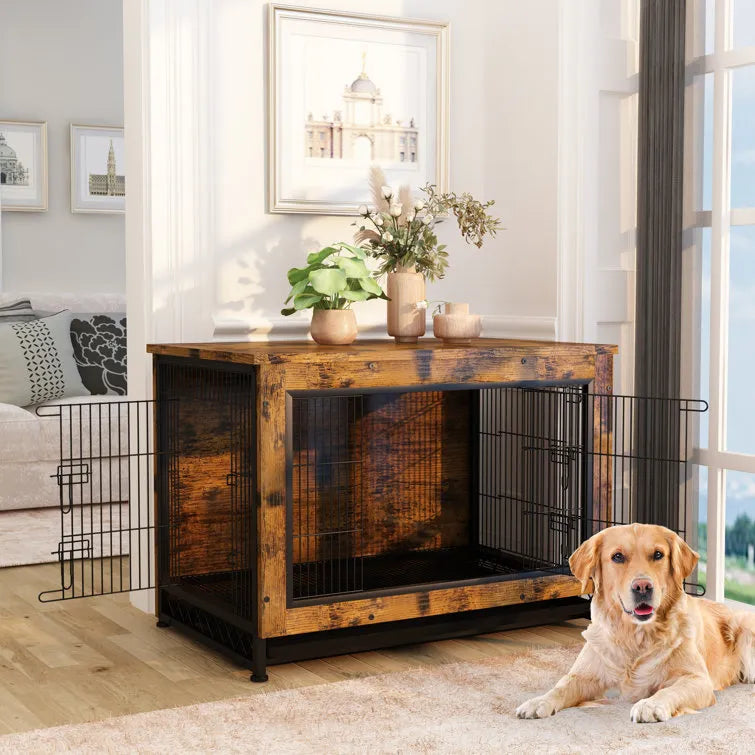 Industrial Style Rustic Brown Wooden Dog Kennel With Three Doors, Indoor Pet Furniture Dog Crate End Table