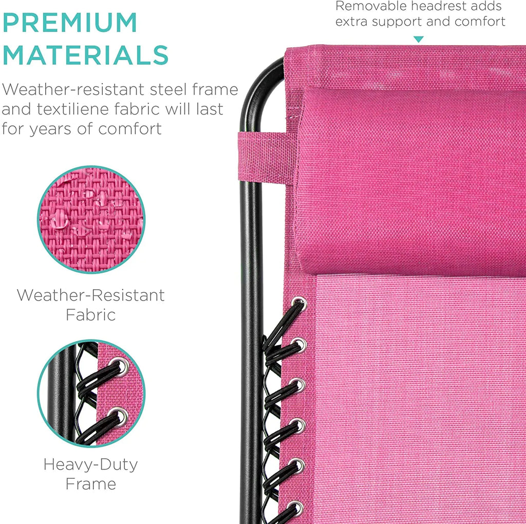 Set of 2 Adjustable Steel Mesh Zero Gravity Lounge Chair Recliners w/Pillows and Cup Holder Trays