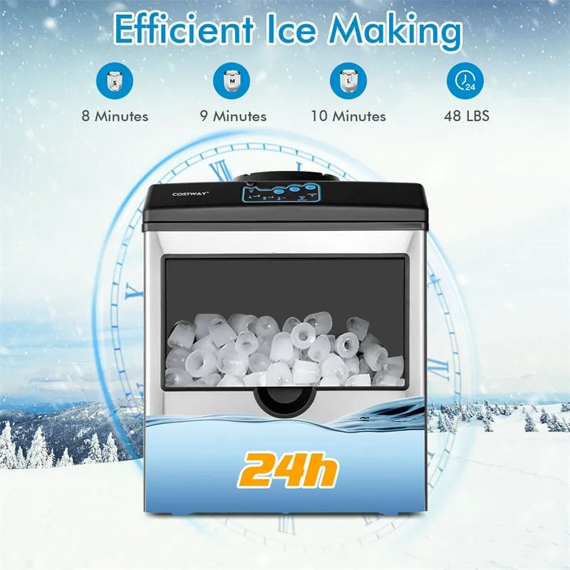 48LBS/24H 2-in-1 Stainless Steel Countertop Ice Maker Built-in Water Dispenser with Chilled Water Spout 5LBS Ice Storage Basket