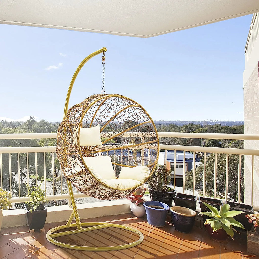 J.M.Deco Porch Swing Chair with Stand, Cushion & Pillow, Goldden Egg Rattan Wicker Swing Hanging Chair, Hammock Chair for Indoor, Outdoor, Garden, Backyard & Patio