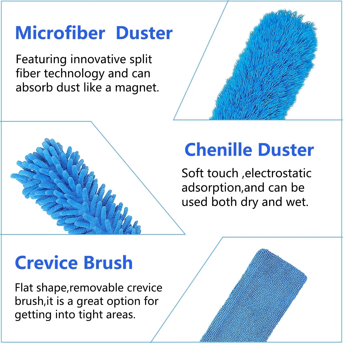 Household Cleaning Dusters 3 in 1 Kit,Microfiber Duster with Extension Pole 30-100 Inches,Retractable Gap Dust Brush Cleaner Long Feather Duster for Cleaning Ceiling Fan,Furniture,Blinds,Wall (Blue)