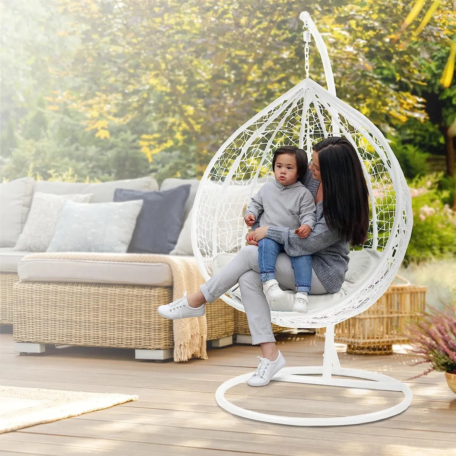 J.M.Deco Porch Swing Chair with Stand, Cushion & Pillow, Goldden Egg Rattan Wicker Swing Hanging Chair, Hammock Chair for Indoor, Outdoor, Garden, Backyard & Patio